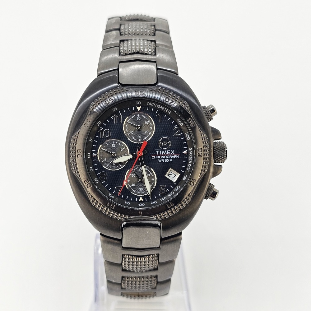 VTG Timex Expedition Chronograph Men Watch 38MM Blue Dial Date 7.75" New Battery